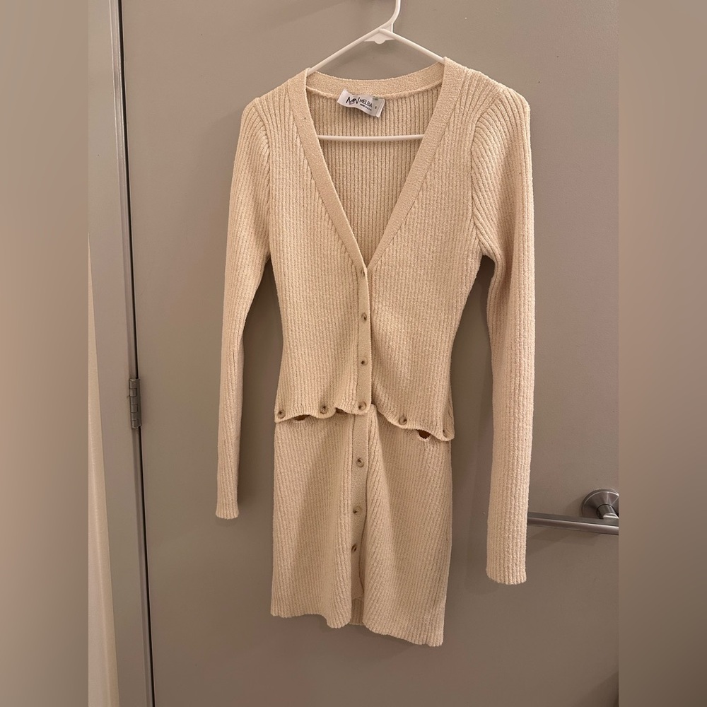 Cream Ribbed Button-Up Cardigan Dress